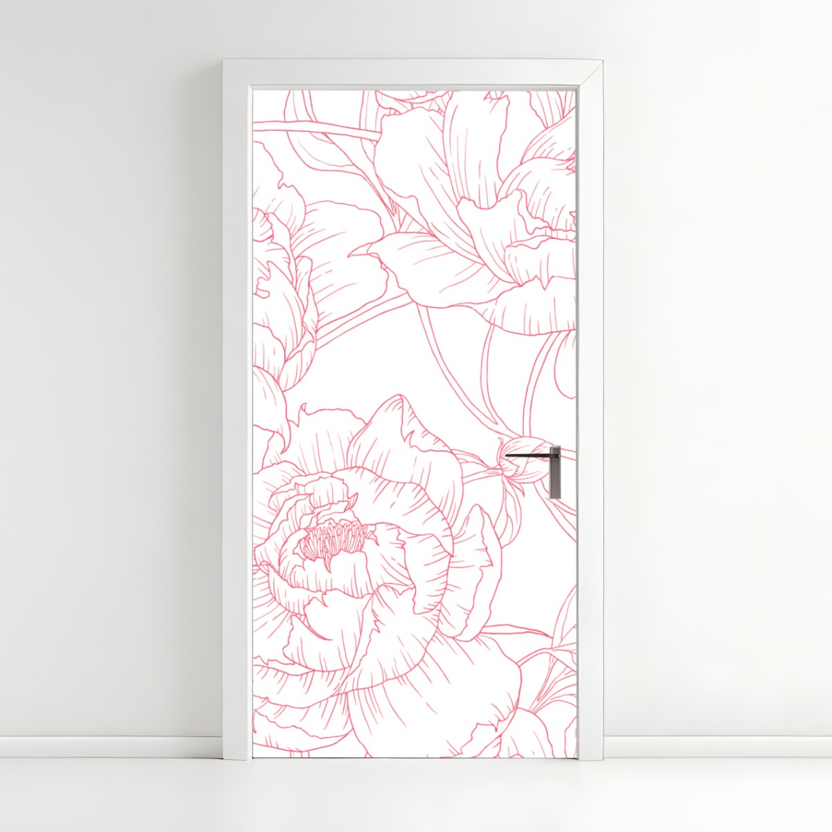 Door sticker delicate pink peony line art pattern