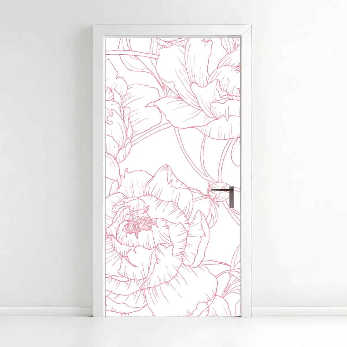 Naklejka na drzwi delikatny różowy wzór piwonii w stylu line art – Wallissimo® Naklejka na drzwi delikatny różowy wzór piwonii w stylu line art – Wallissimo®