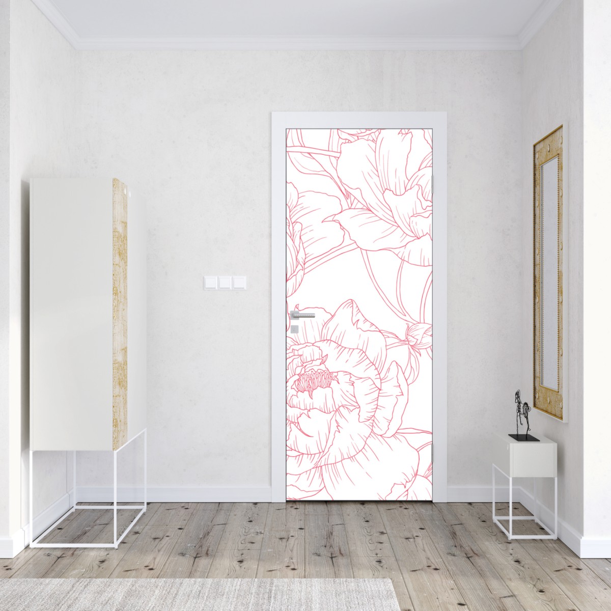 Naklejka na drzwi delikatny różowy wzór piwonii w stylu line art – Wallissimo® Naklejka na drzwi delikatny różowy wzór piwonii w stylu line art – Wallissimo®