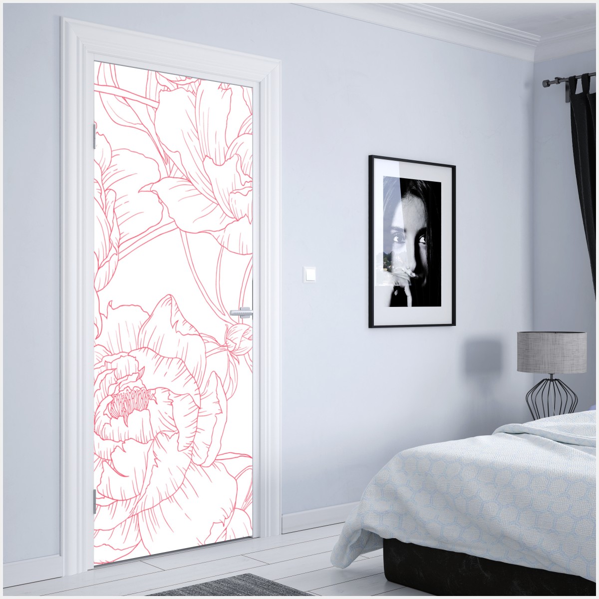 Naklejka na drzwi delikatny różowy wzór piwonii w stylu line art – Wallissimo® Naklejka na drzwi delikatny różowy wzór piwonii w stylu line art – Wallissimo®