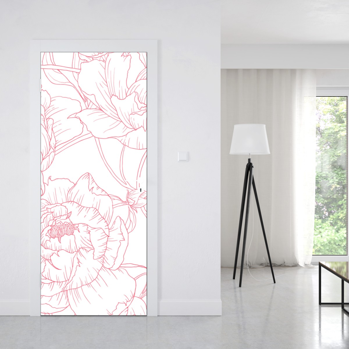 Naklejka na drzwi delikatny różowy wzór piwonii w stylu line art – Wallissimo® Naklejka na drzwi delikatny różowy wzór piwonii w stylu line art – Wallissimo®