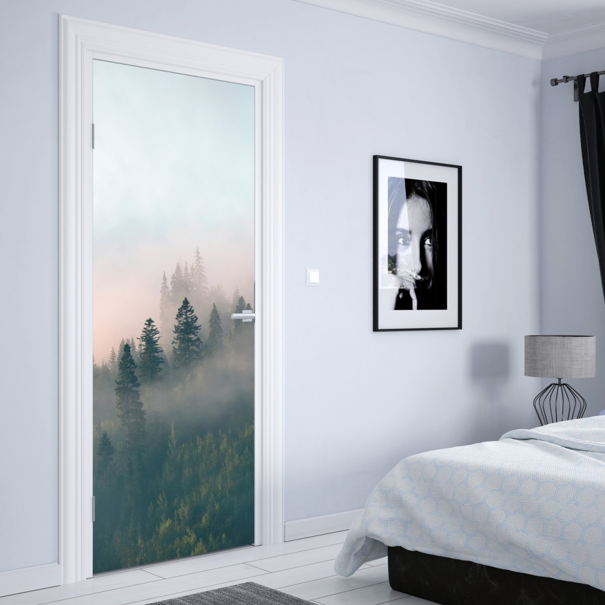 Naklejka na drzwi mglisty poranek w lesie – Wallissimo® Naklejka na drzwi mglisty poranek w lesie – Wallissimo®
