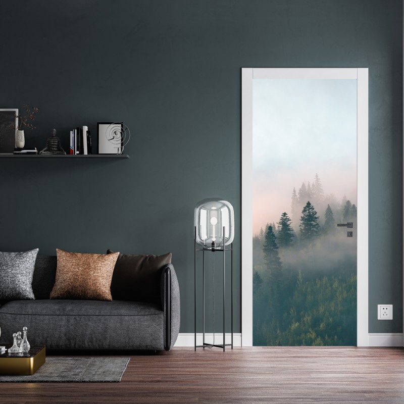 Naklejka na drzwi mglisty poranek w lesie – Wallissimo® Naklejka na drzwi mglisty poranek w lesie – Wallissimo®