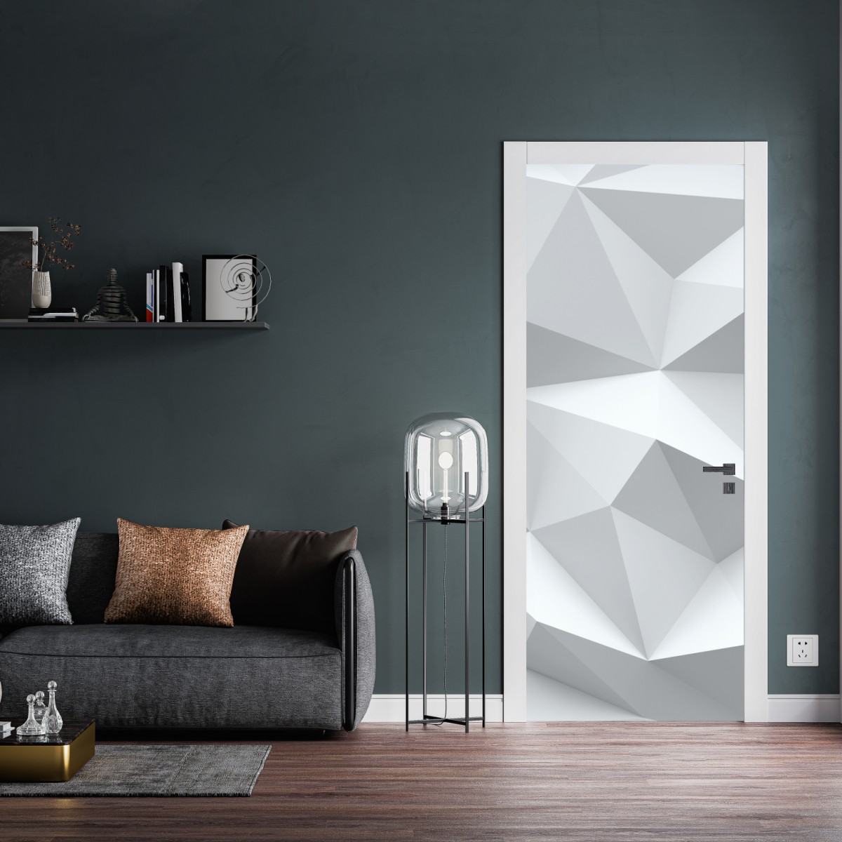 Naklejka na drzwi biały trójwymiarowy geometryczny wzór low-poly – Wallissimo® Naklejka na drzwi biały trójwymiarowy geometryczny wzór low-poly – Wallissimo®