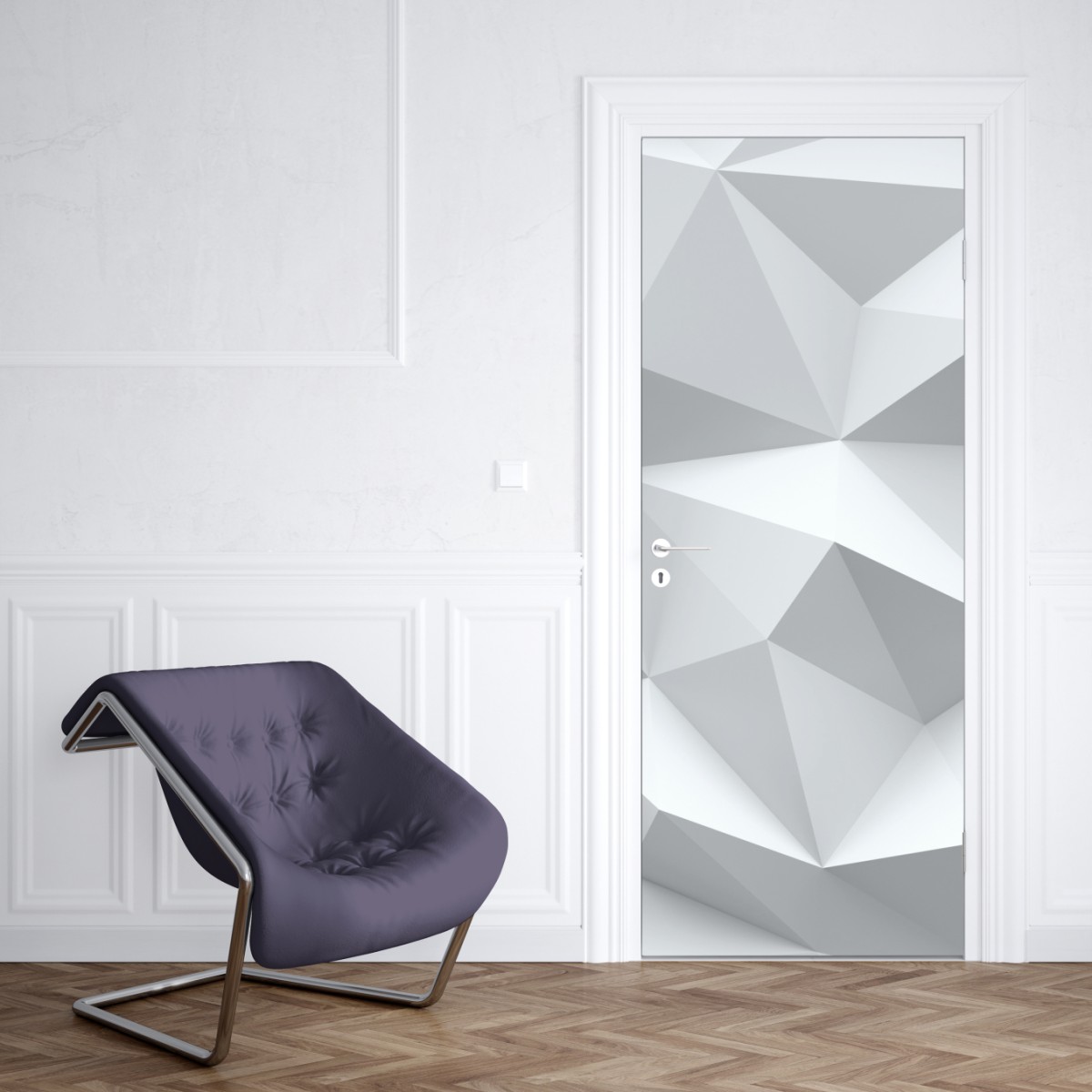 Naklejka na drzwi biały trójwymiarowy geometryczny wzór low-poly – Wallissimo® Naklejka na drzwi biały trójwymiarowy geometryczny wzór low-poly – Wallissimo®