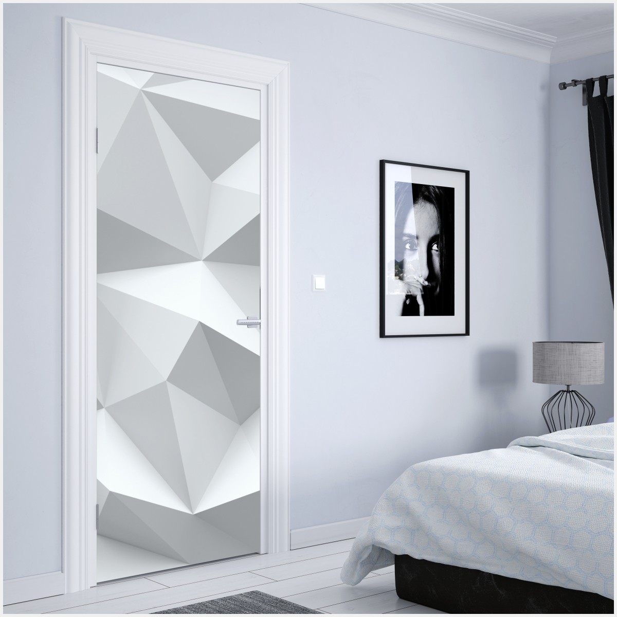 Naklejka na drzwi biały trójwymiarowy geometryczny wzór low-poly – Wallissimo® Naklejka na drzwi biały trójwymiarowy geometryczny wzór low-poly – Wallissimo®