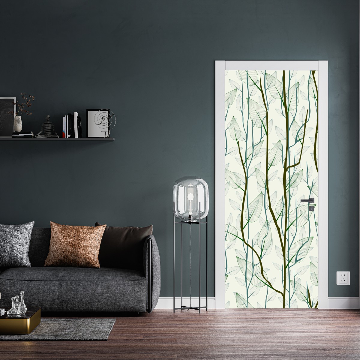 Naklejka na drzwi delikatny wzór liści i gałęzi – Wallissimo® Naklejka na drzwi delikatny wzór liści i gałęzi – Wallissimo®