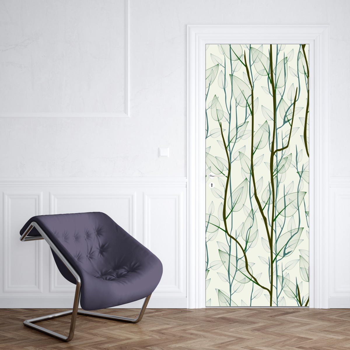 Naklejka na drzwi delikatny wzór liści i gałęzi – Wallissimo® Naklejka na drzwi delikatny wzór liści i gałęzi – Wallissimo®