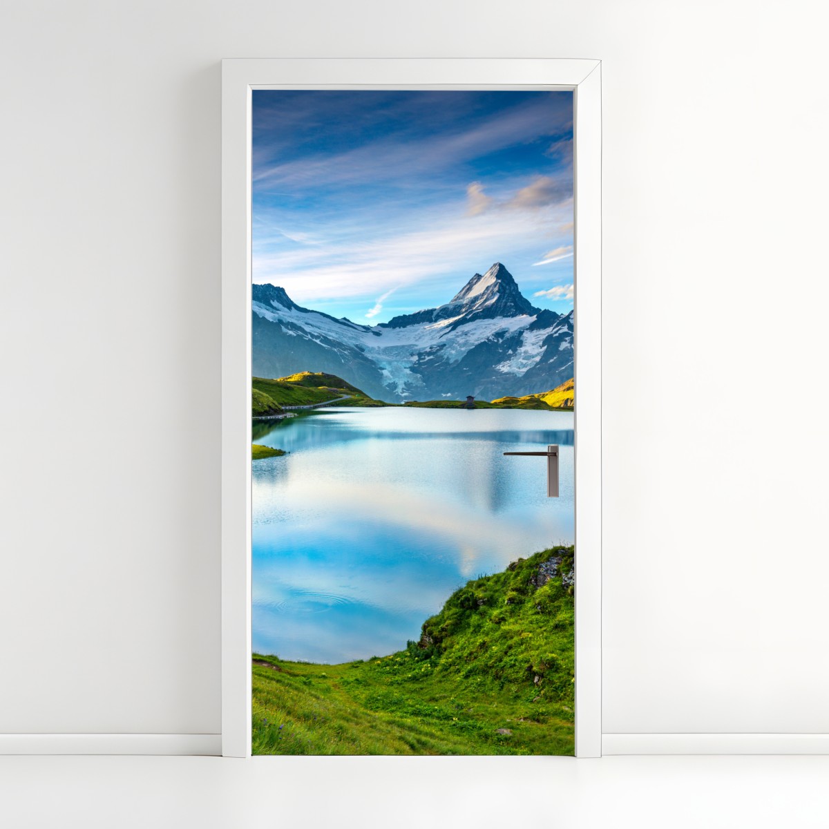 Door sticker serene alpine lake beneath Wetterhorn peaks, Switzerland