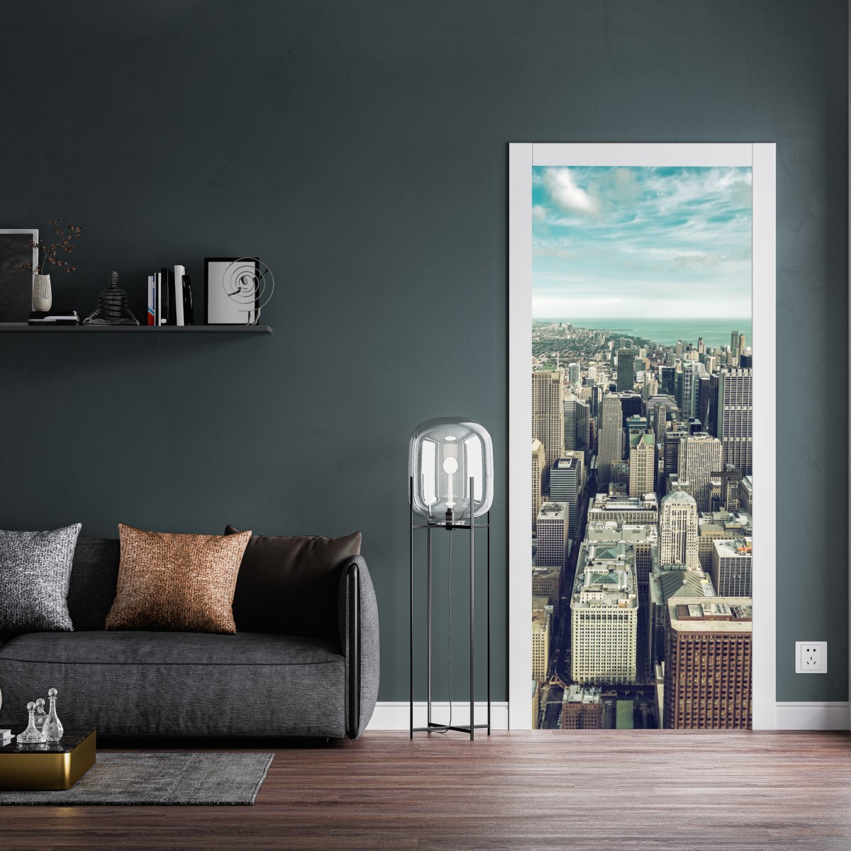 Naklejka na drzwi Chicago panorama miasta z lotu ptaka w turkusowych tonach – Wallissimo® Naklejka na drzwi Chicago panorama miasta z lotu ptaka w turkusowych tonach – Wallissimo®