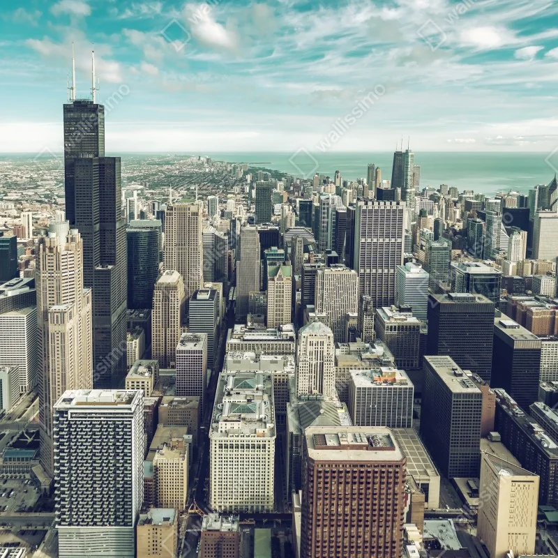 Naklejka na drzwi Chicago panorama miasta z lotu ptaka w turkusowych tonach – Wallissimo® Naklejka na drzwi Chicago panorama miasta z lotu ptaka w turkusowych tonach – Wallissimo®