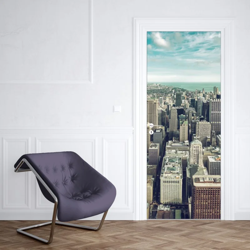 Naklejka na drzwi Chicago panorama miasta z lotu ptaka w turkusowych tonach – Wallissimo® Naklejka na drzwi Chicago panorama miasta z lotu ptaka w turkusowych tonach – Wallissimo®