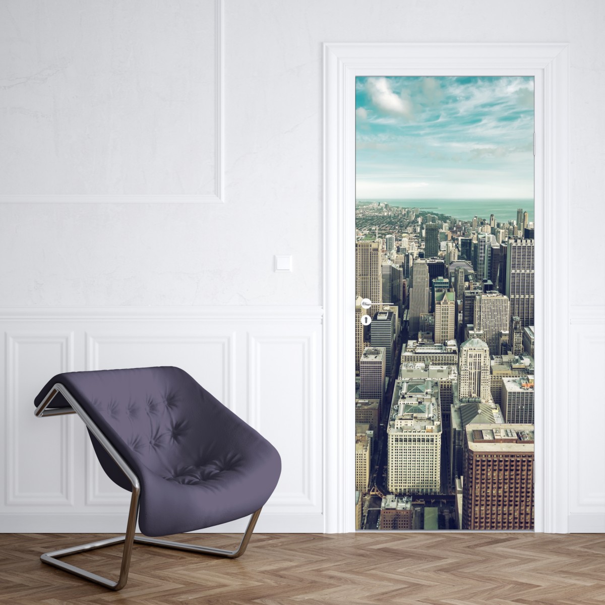 Naklejka na drzwi Chicago panorama miasta z lotu ptaka w turkusowych tonach – Wallissimo® Naklejka na drzwi Chicago panorama miasta z lotu ptaka w turkusowych tonach – Wallissimo®