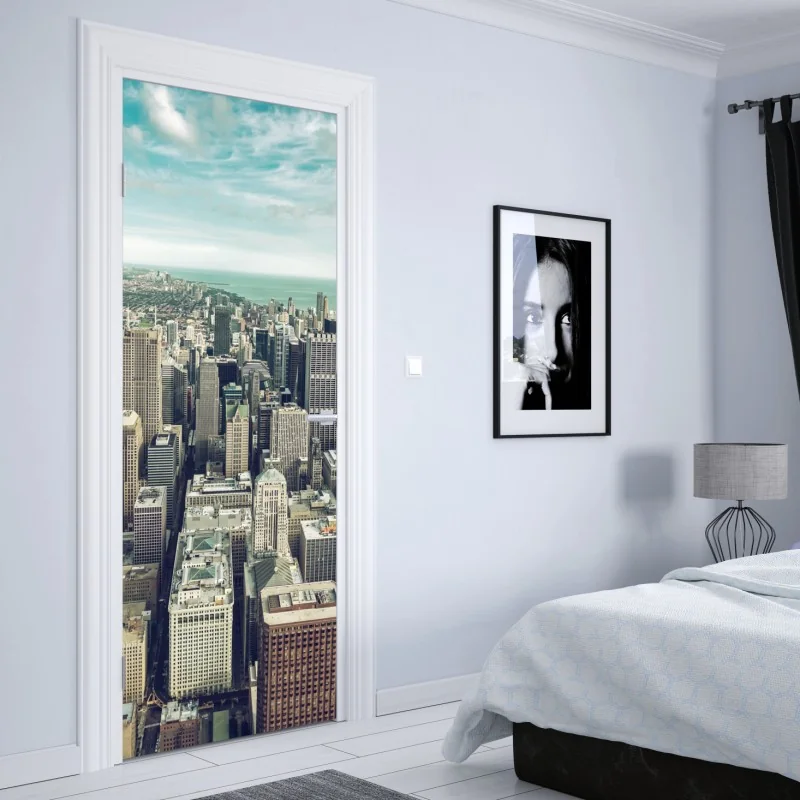 Naklejka na drzwi Chicago panorama miasta z lotu ptaka w turkusowych tonach – Wallissimo® Naklejka na drzwi Chicago panorama miasta z lotu ptaka w turkusowych tonach – Wallissimo®