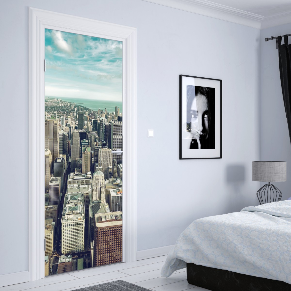 Naklejka na drzwi Chicago panorama miasta z lotu ptaka w turkusowych tonach – Wallissimo® Naklejka na drzwi Chicago panorama miasta z lotu ptaka w turkusowych tonach – Wallissimo®