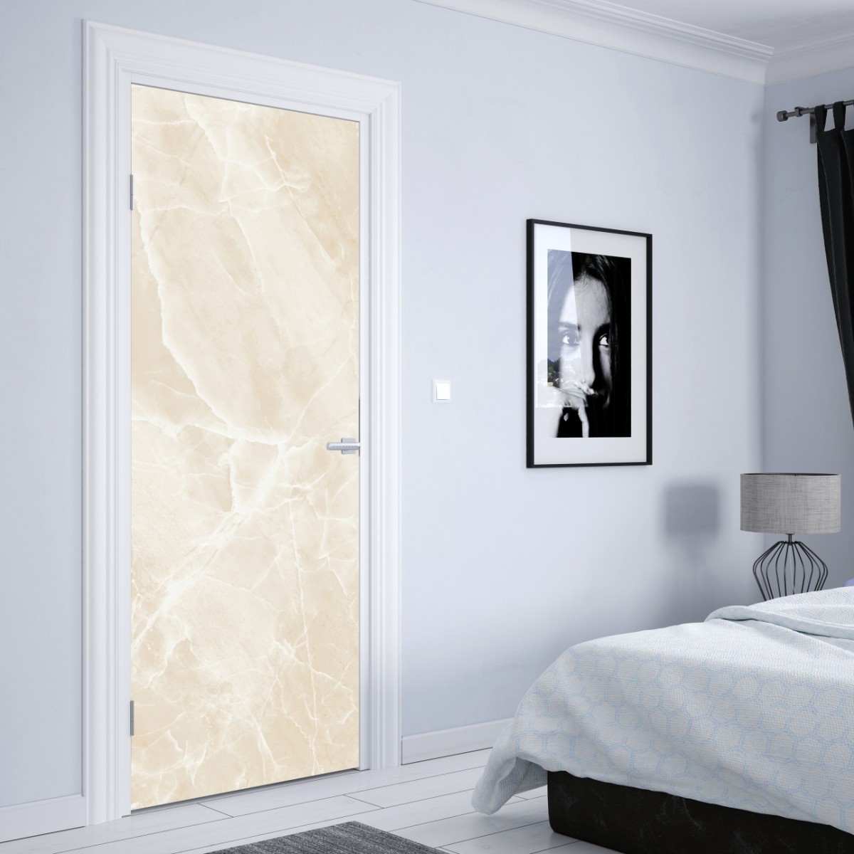 Naklejka na drzwi beżowa tekstura marmuru z białymi żyłami – Wallissimo® Naklejka na drzwi beżowa tekstura marmuru z białymi żyłami – Wallissimo®