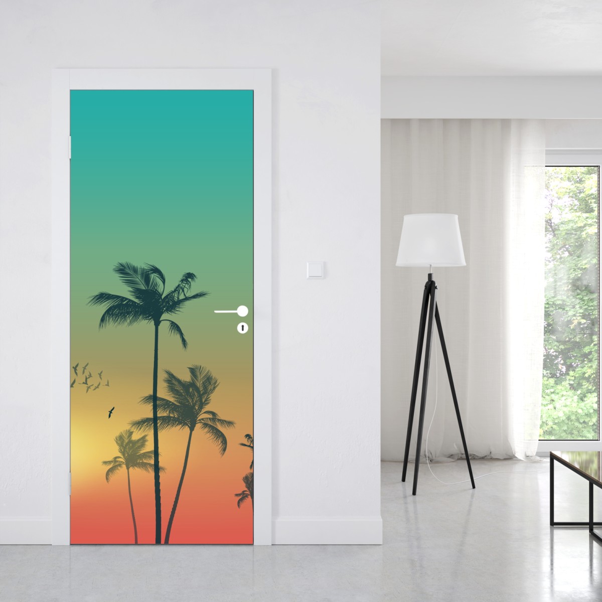 Naklejka na drzwi tropikalny zachód słońca z palmami – Wallissimo® Naklejka na drzwi tropikalny zachód słońca z palmami – Wallissimo®