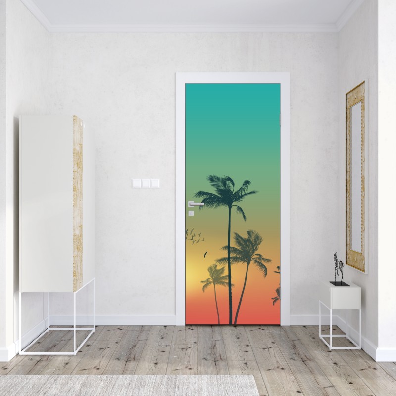 Naklejka na drzwi tropikalny zachód słońca z palmami – Wallissimo® Naklejka na drzwi tropikalny zachód słońca z palmami – Wallissimo®