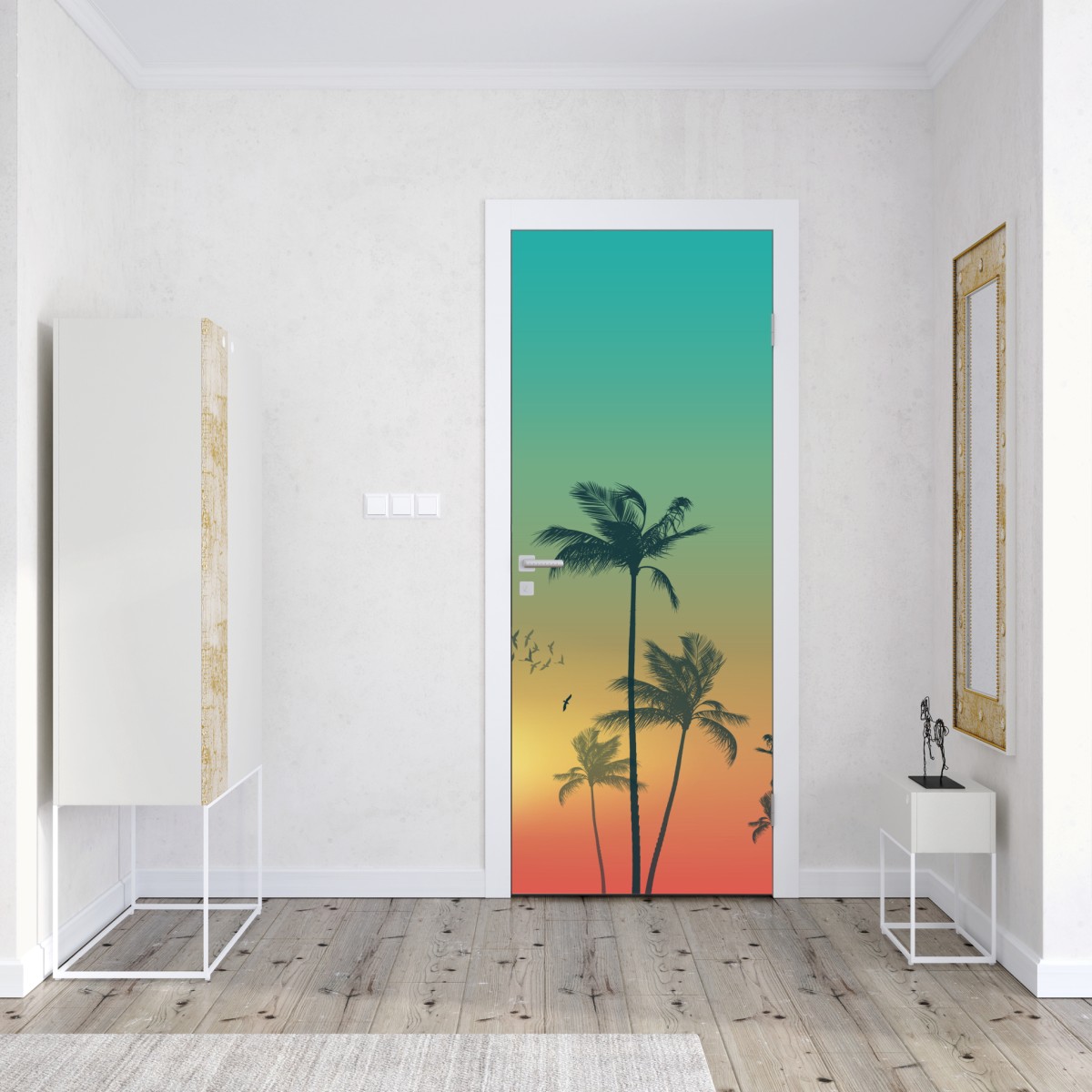 Naklejka na drzwi tropikalny zachód słońca z palmami – Wallissimo® Naklejka na drzwi tropikalny zachód słońca z palmami – Wallissimo®