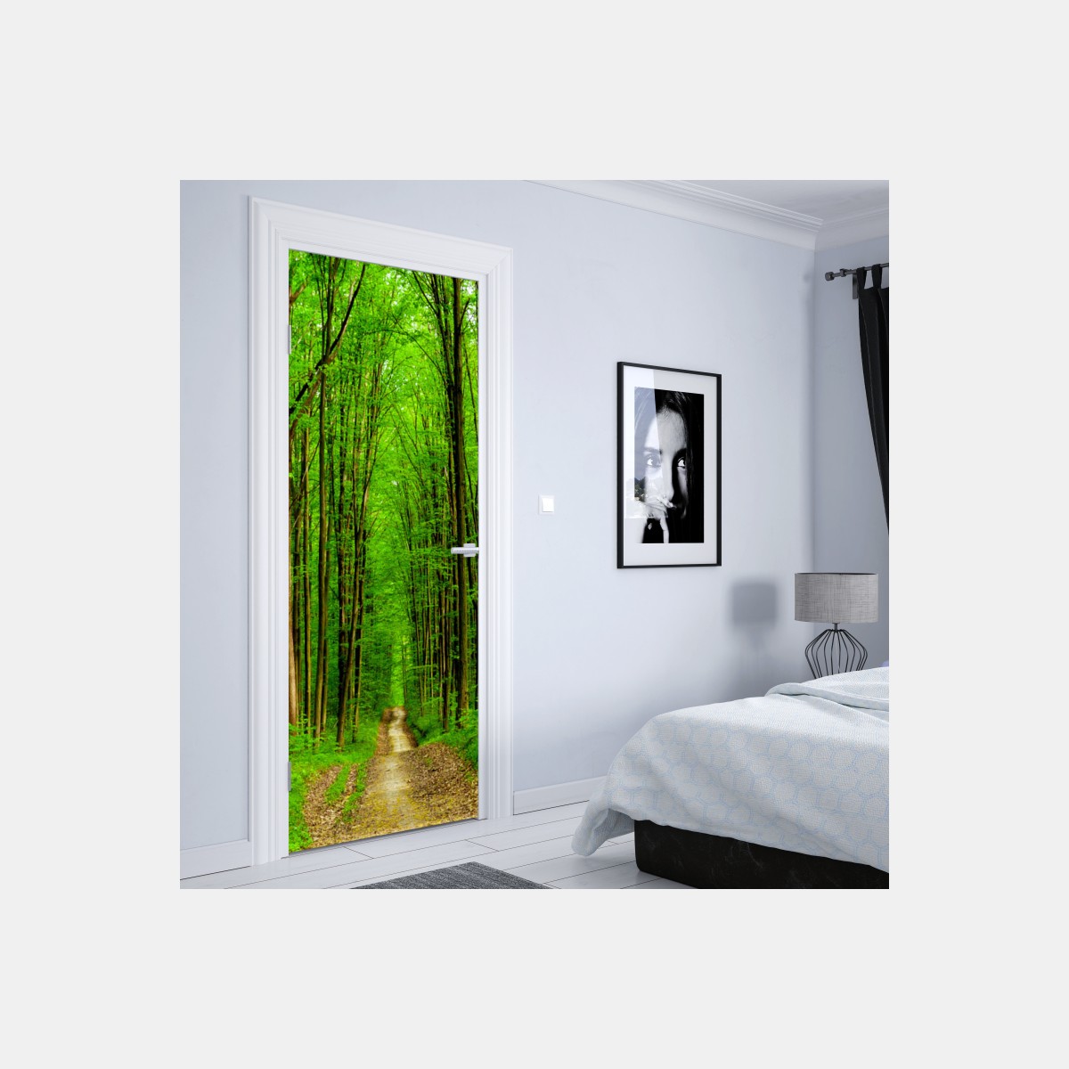 Naklejka na drzwi zielona leśna ścieżka wiosną – Wallissimo® Naklejka na drzwi zielona leśna ścieżka wiosną – Wallissimo®