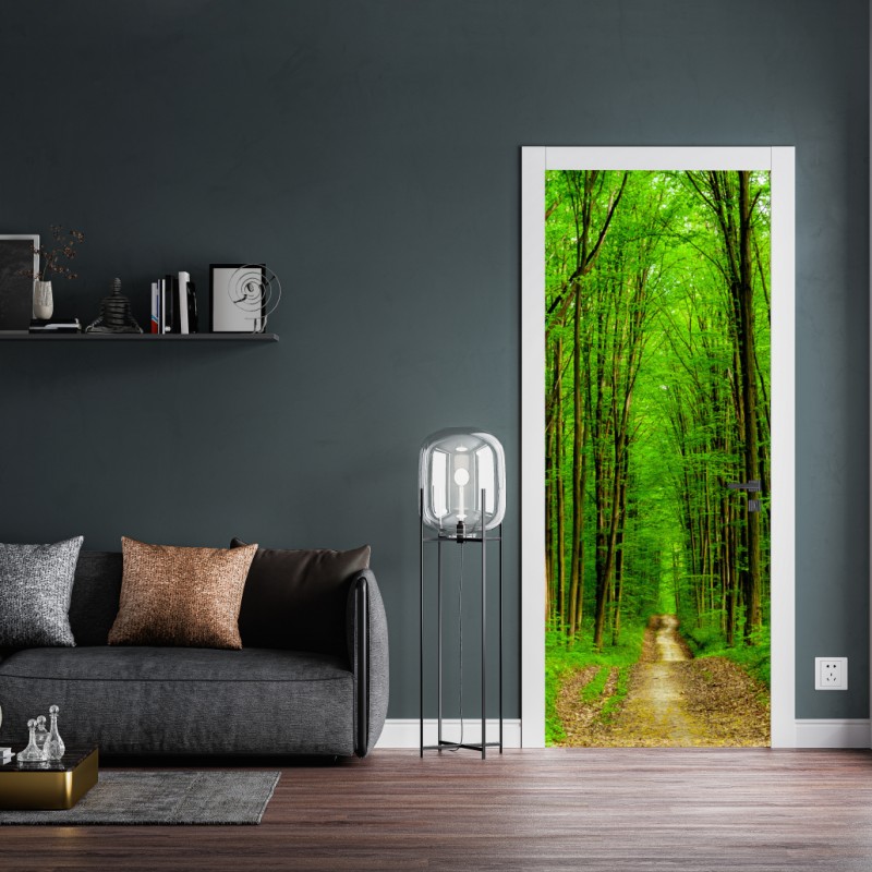 Naklejka na drzwi zielona leśna ścieżka wiosną – Wallissimo® Naklejka na drzwi zielona leśna ścieżka wiosną – Wallissimo®