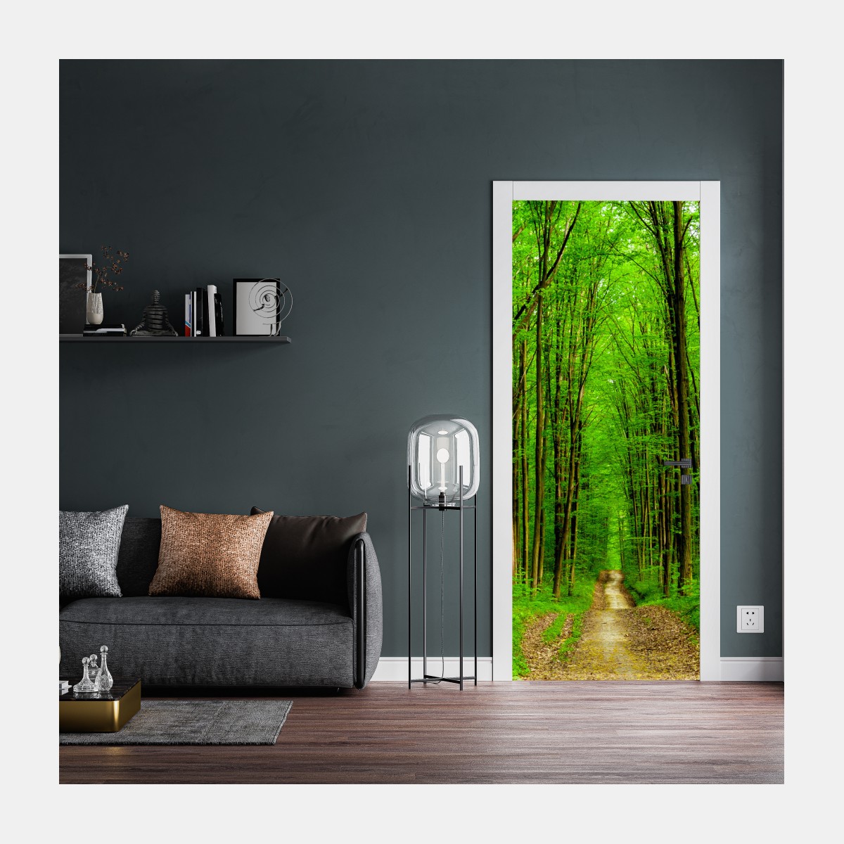 Naklejka na drzwi zielona leśna ścieżka wiosną – Wallissimo® Naklejka na drzwi zielona leśna ścieżka wiosną – Wallissimo®