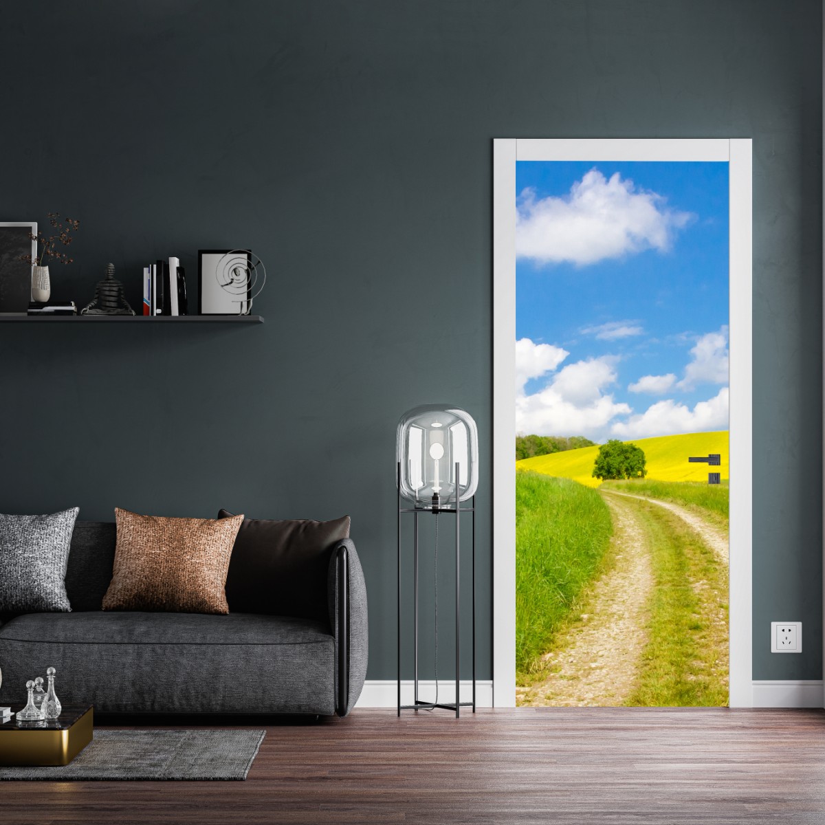 Naklejka na drzwi słoneczna wiejska droga przez żółte pola – Wallissimo® Naklejka na drzwi słoneczna wiejska droga przez żółte pola – Wallissimo®
