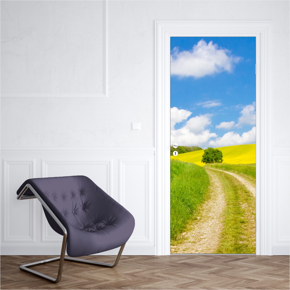 Naklejka na drzwi słoneczna wiejska droga przez żółte pola – Wallissimo® Naklejka na drzwi słoneczna wiejska droga przez żółte pola – Wallissimo®