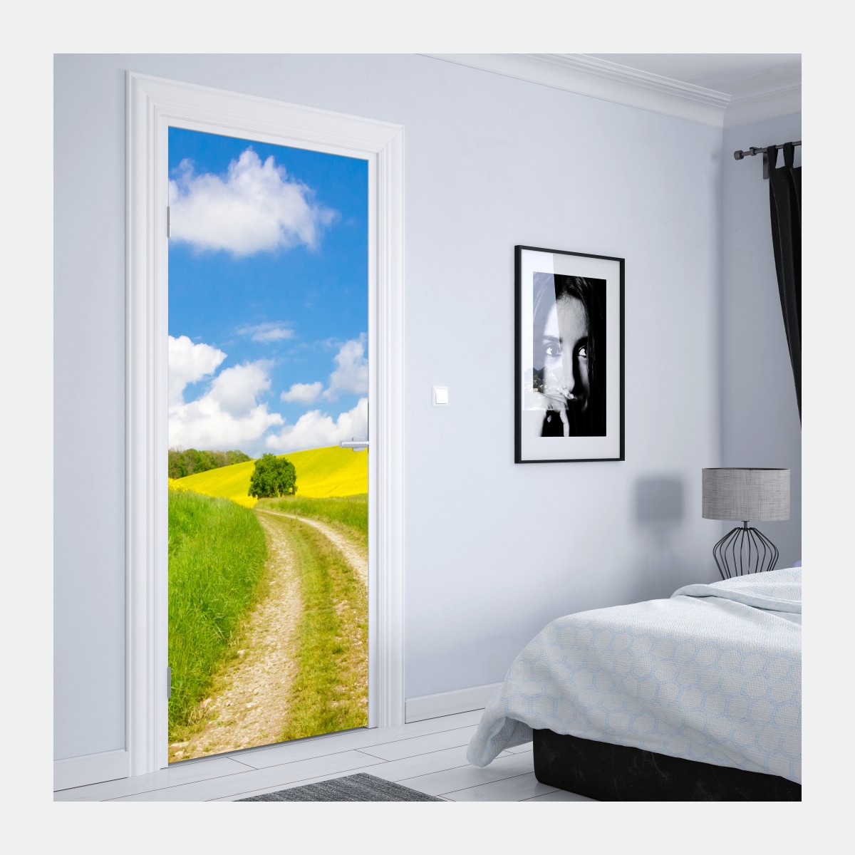 Naklejka na drzwi słoneczna wiejska droga przez żółte pola – Wallissimo® Naklejka na drzwi słoneczna wiejska droga przez żółte pola – Wallissimo®