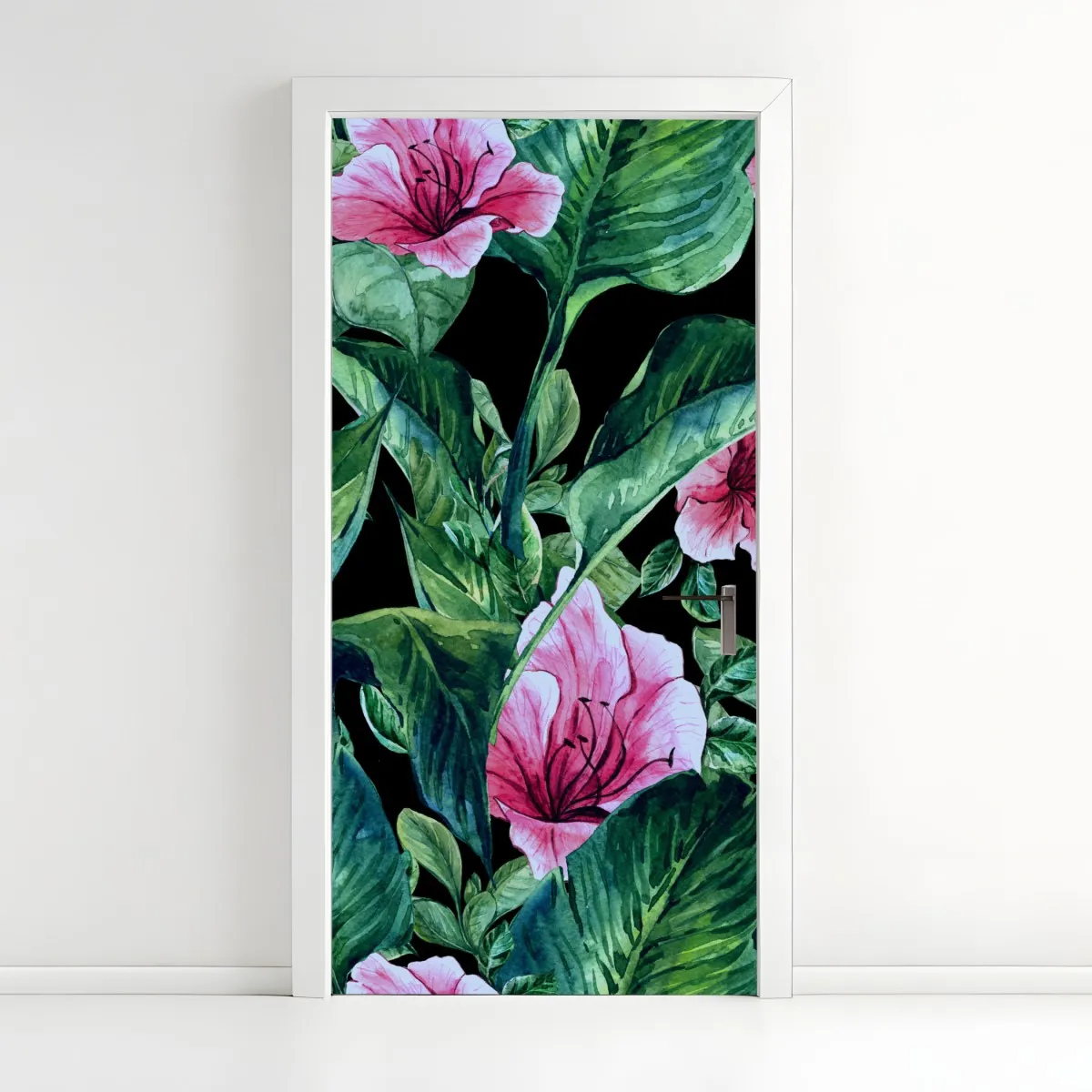 Naklejka na drzwi różowe akwarelowe kwiaty na czarnym tle – Wallissimo® Naklejka na drzwi różowe akwarelowe kwiaty na czarnym tle – Wallissimo®