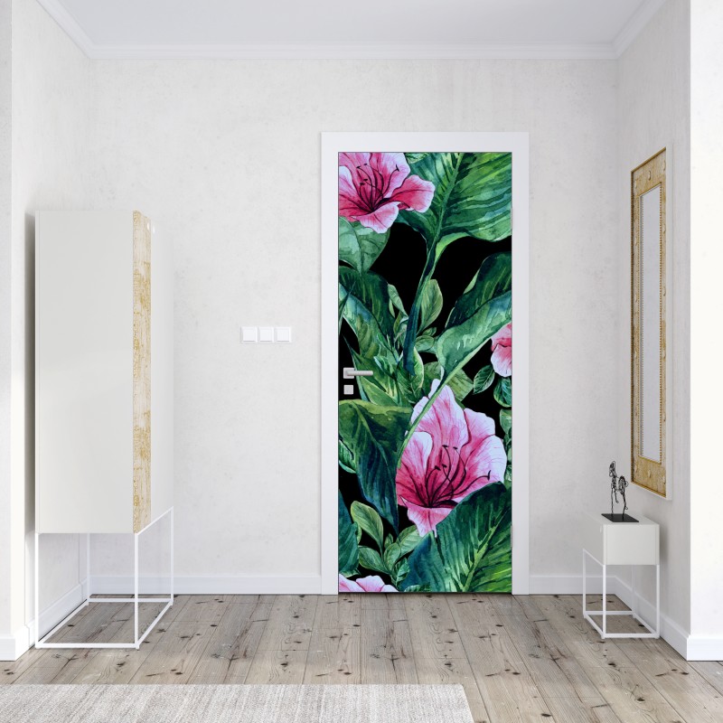 Naklejka na drzwi różowe akwarelowe kwiaty na czarnym tle – Wallissimo® Naklejka na drzwi różowe akwarelowe kwiaty na czarnym tle – Wallissimo®