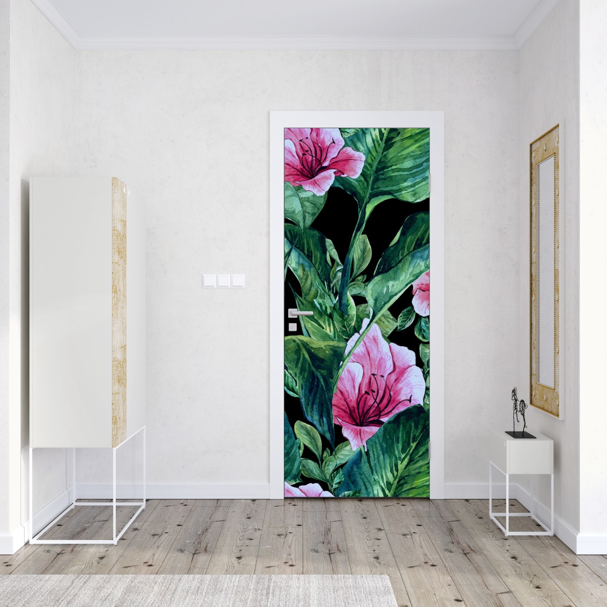 Naklejka na drzwi różowe akwarelowe kwiaty na czarnym tle – Wallissimo® Naklejka na drzwi różowe akwarelowe kwiaty na czarnym tle – Wallissimo®