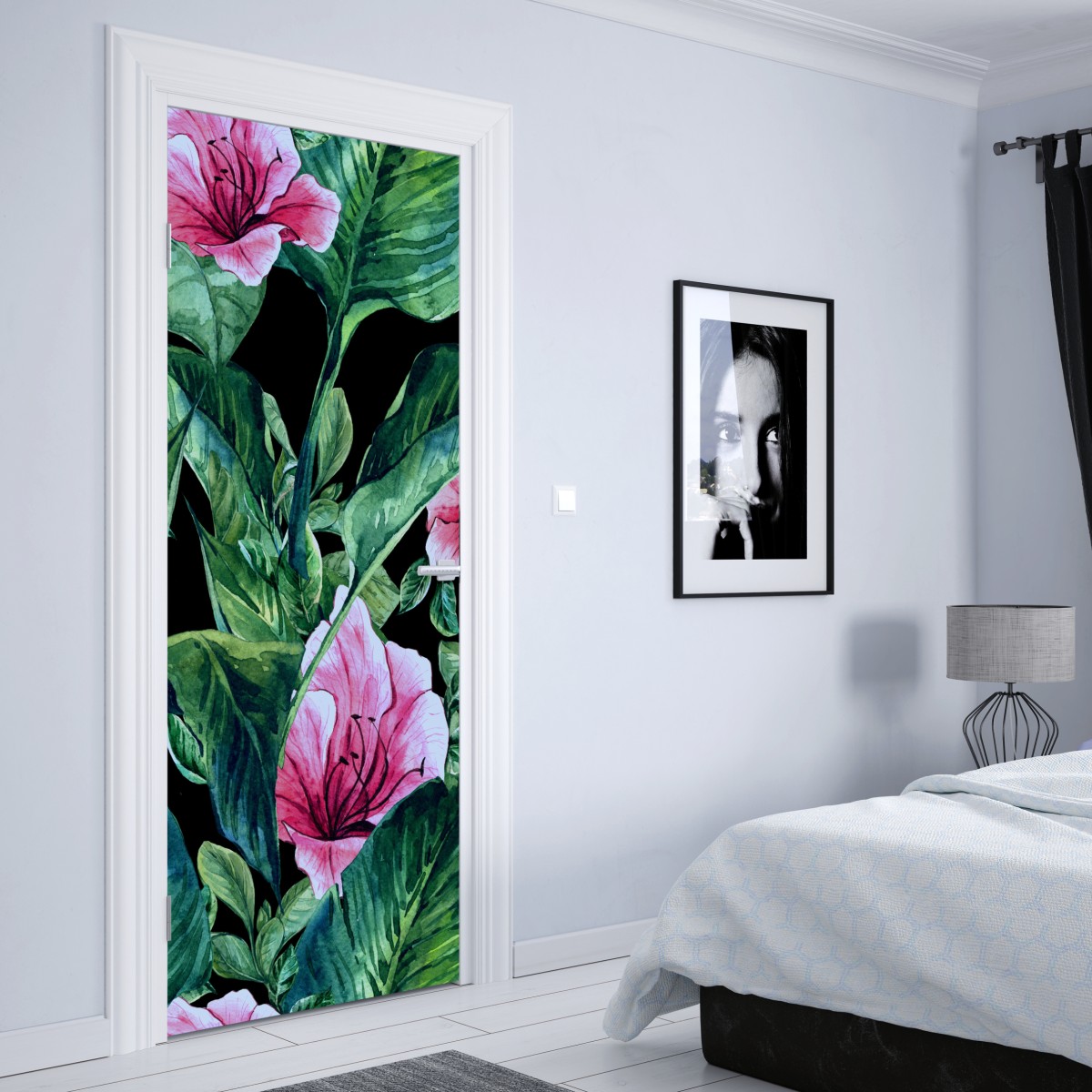 Naklejka na drzwi różowe akwarelowe kwiaty na czarnym tle – Wallissimo® Naklejka na drzwi różowe akwarelowe kwiaty na czarnym tle – Wallissimo®