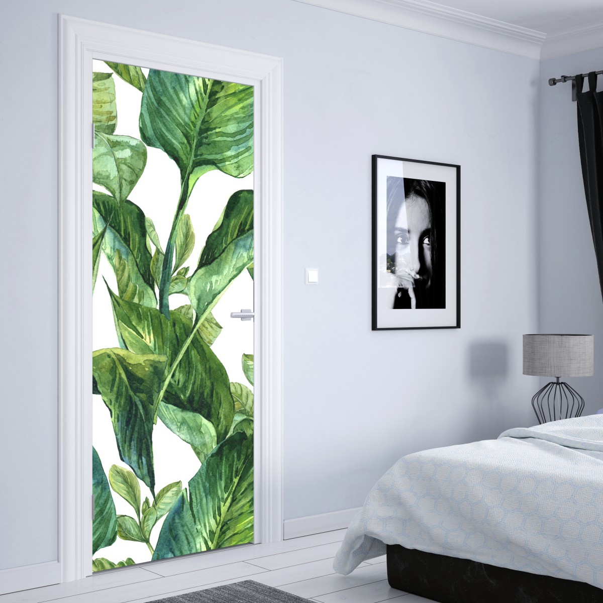 Naklejka na drzwi bujny akwarelowy wzór tropikalnych liści – Wallissimo® Naklejka na drzwi bujny akwarelowy wzór tropikalnych liści – Wallissimo®