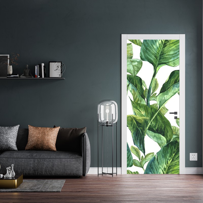 Naklejka na drzwi bujny akwarelowy wzór tropikalnych liści – Wallissimo® Naklejka na drzwi bujny akwarelowy wzór tropikalnych liści – Wallissimo®