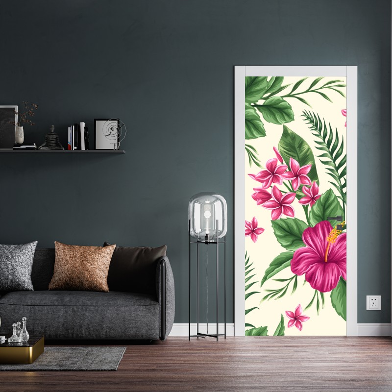 Naklejka na drzwi tropikalny wzór z różowym hibiskusem – Wallissimo® Naklejka na drzwi tropikalny wzór z różowym hibiskusem – Wallissimo®