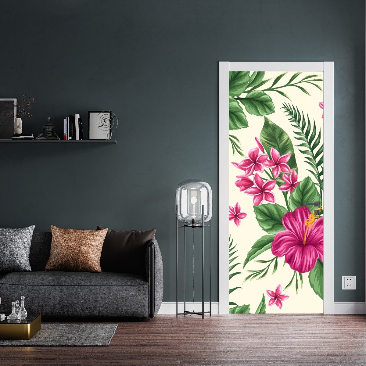 Naklejka na drzwi tropikalny wzór z różowym hibiskusem – Wallissimo® Naklejka na drzwi tropikalny wzór z różowym hibiskusem – Wallissimo®
