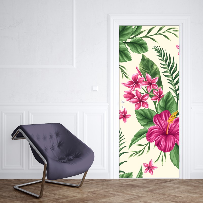 Naklejka na drzwi tropikalny wzór z różowym hibiskusem – Wallissimo® Naklejka na drzwi tropikalny wzór z różowym hibiskusem – Wallissimo®