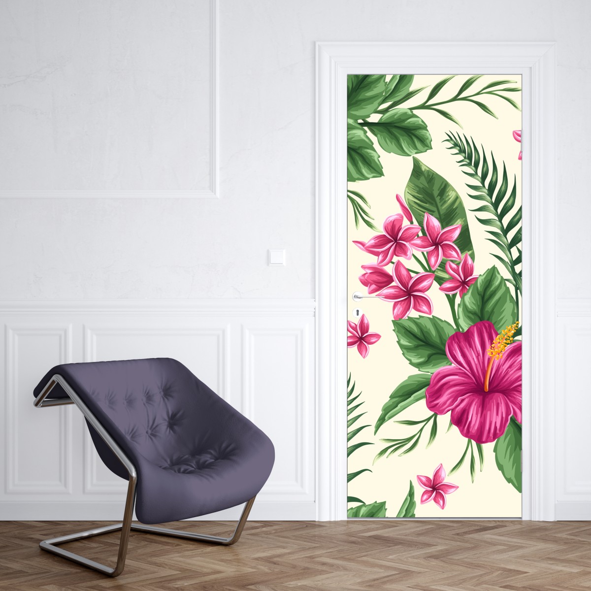 Naklejka na drzwi tropikalny wzór z różowym hibiskusem – Wallissimo® Naklejka na drzwi tropikalny wzór z różowym hibiskusem – Wallissimo®