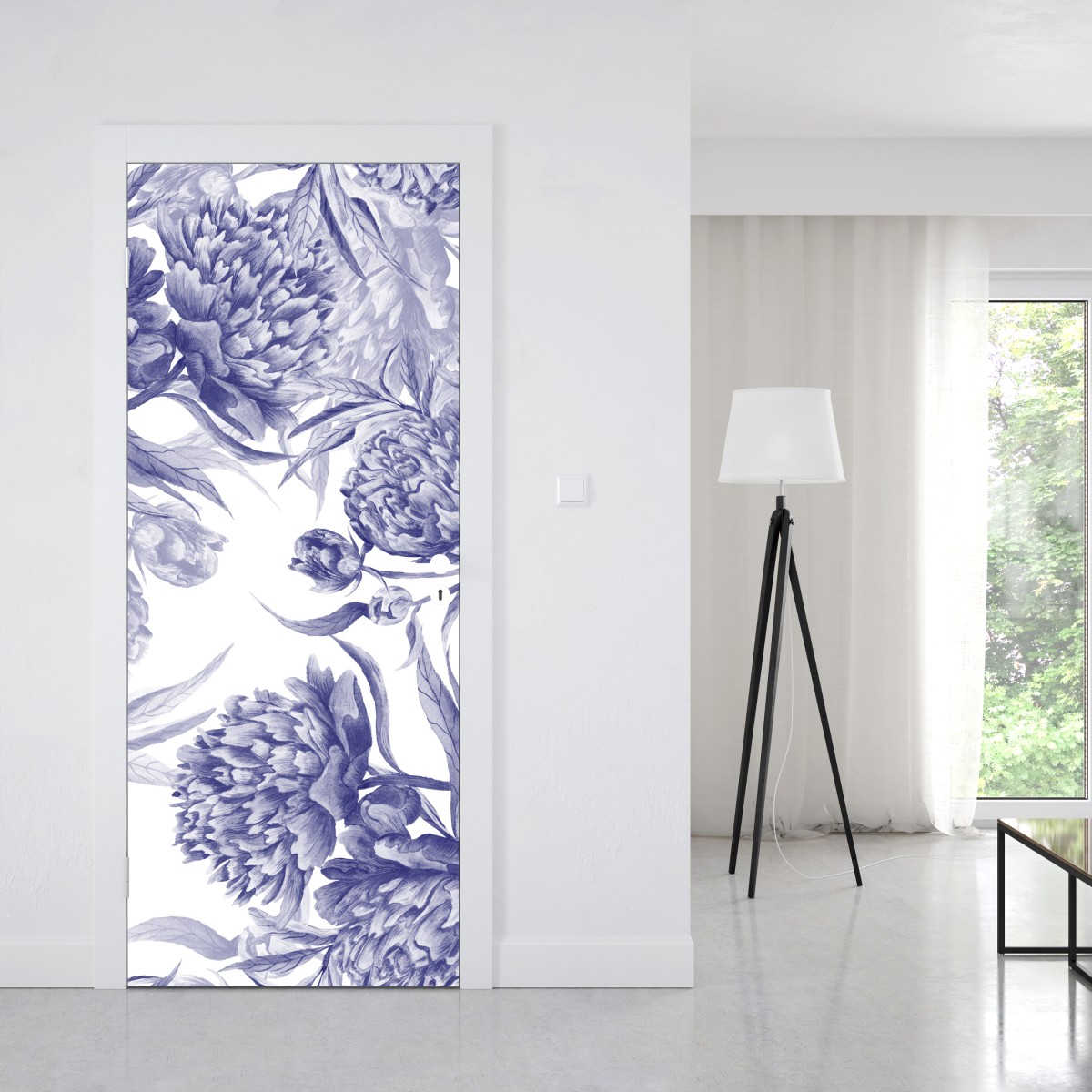 Naklejka na drzwi niebieskie peonie w stylu botanicznym – Wallissimo® Naklejka na drzwi niebieskie peonie w stylu botanicznym – Wallissimo®
