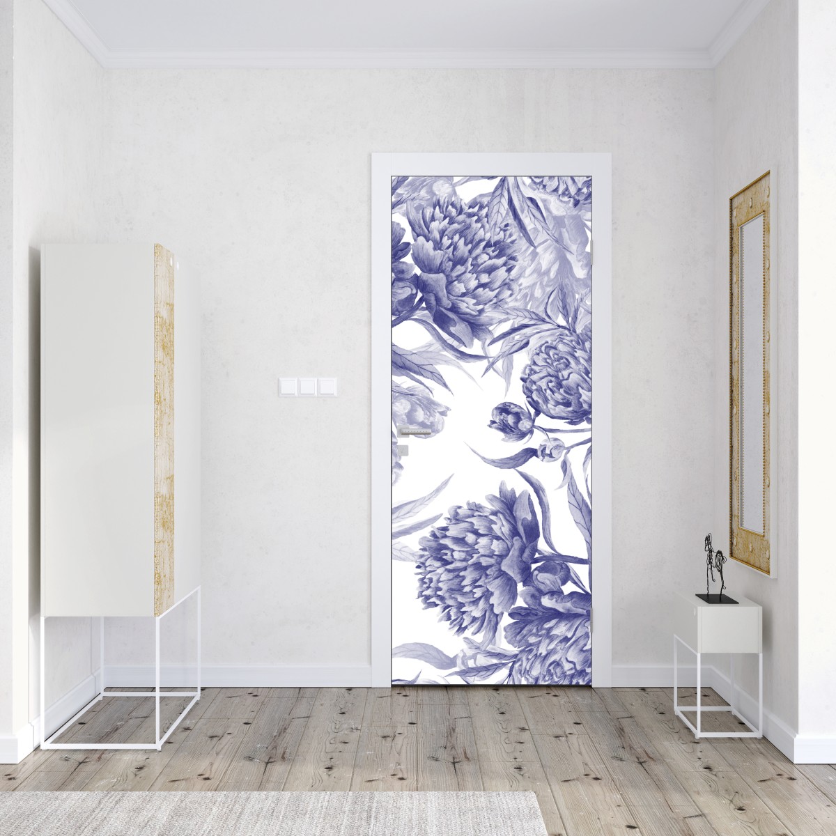 Naklejka na drzwi niebieskie peonie w stylu botanicznym – Wallissimo® Naklejka na drzwi niebieskie peonie w stylu botanicznym – Wallissimo®