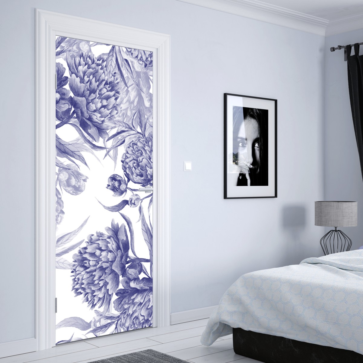 Naklejka na drzwi niebieskie peonie w stylu botanicznym – Wallissimo® Naklejka na drzwi niebieskie peonie w stylu botanicznym – Wallissimo®