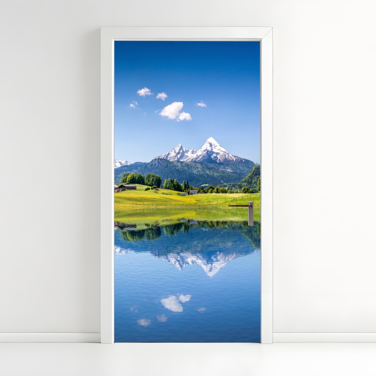 Door sticker alpine peaks reflected in a tranquil lake