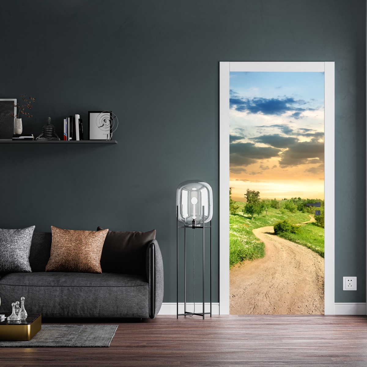 Naklejka na drzwi zachód słońca nad polną drogą w zielonej łące – Wallissimo® Naklejka na drzwi zachód słońca nad polną drogą w zielonej łące – Wallissimo®
