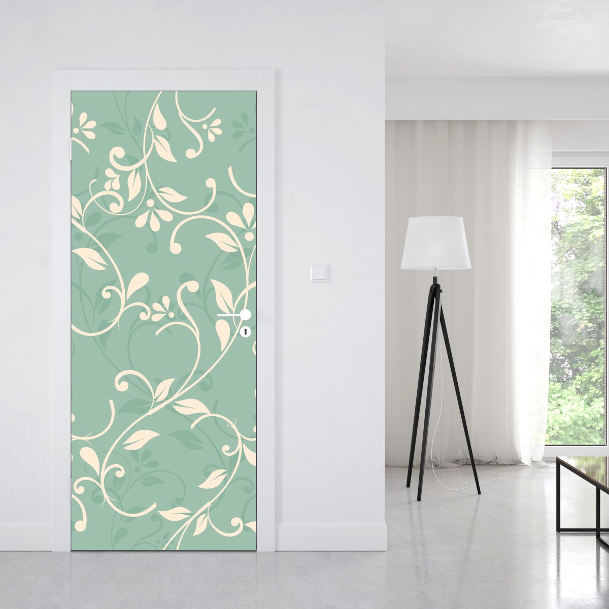 Naklejka na drzwi miętowy kwiatowy wzór w stylu vintage – Wallissimo® Naklejka na drzwi miętowy kwiatowy wzór w stylu vintage – Wallissimo®