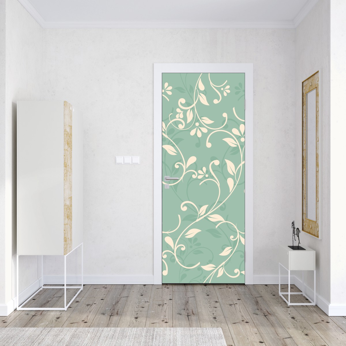 Naklejka na drzwi miętowy kwiatowy wzór w stylu vintage – Wallissimo® Naklejka na drzwi miętowy kwiatowy wzór w stylu vintage – Wallissimo®