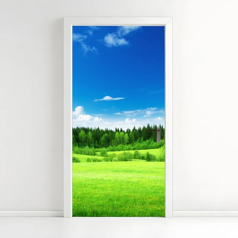 Naklejka na drzwi wiosenna łąka pod błękitnym niebem