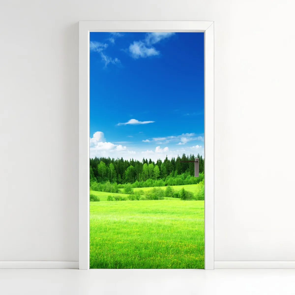 Naklejka na drzwi wiosenna łąka pod błękitnym niebem – Wallissimo® Naklejka na drzwi wiosenna łąka pod błękitnym niebem – Wallissimo®