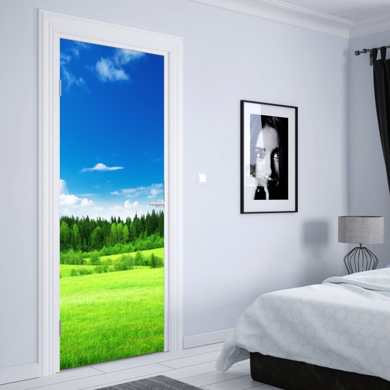 Naklejka na drzwi wiosenna łąka pod błękitnym niebem – Wallissimo® Naklejka na drzwi wiosenna łąka pod błękitnym niebem – Wallissimo®