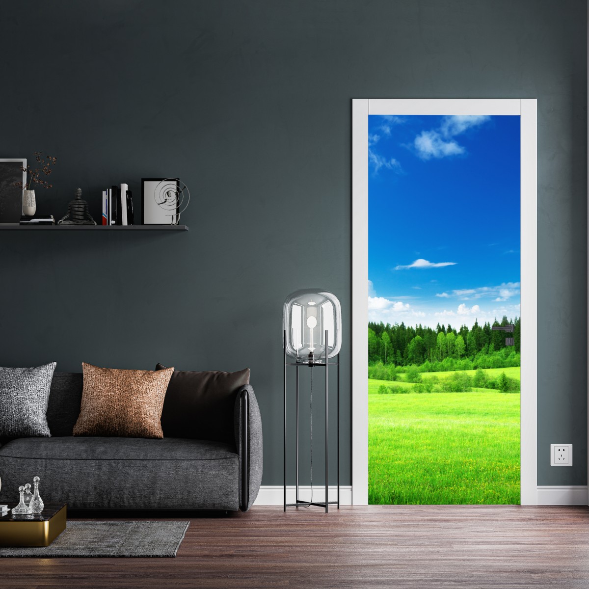 Naklejka na drzwi wiosenna łąka pod błękitnym niebem – Wallissimo® Naklejka na drzwi wiosenna łąka pod błękitnym niebem – Wallissimo®